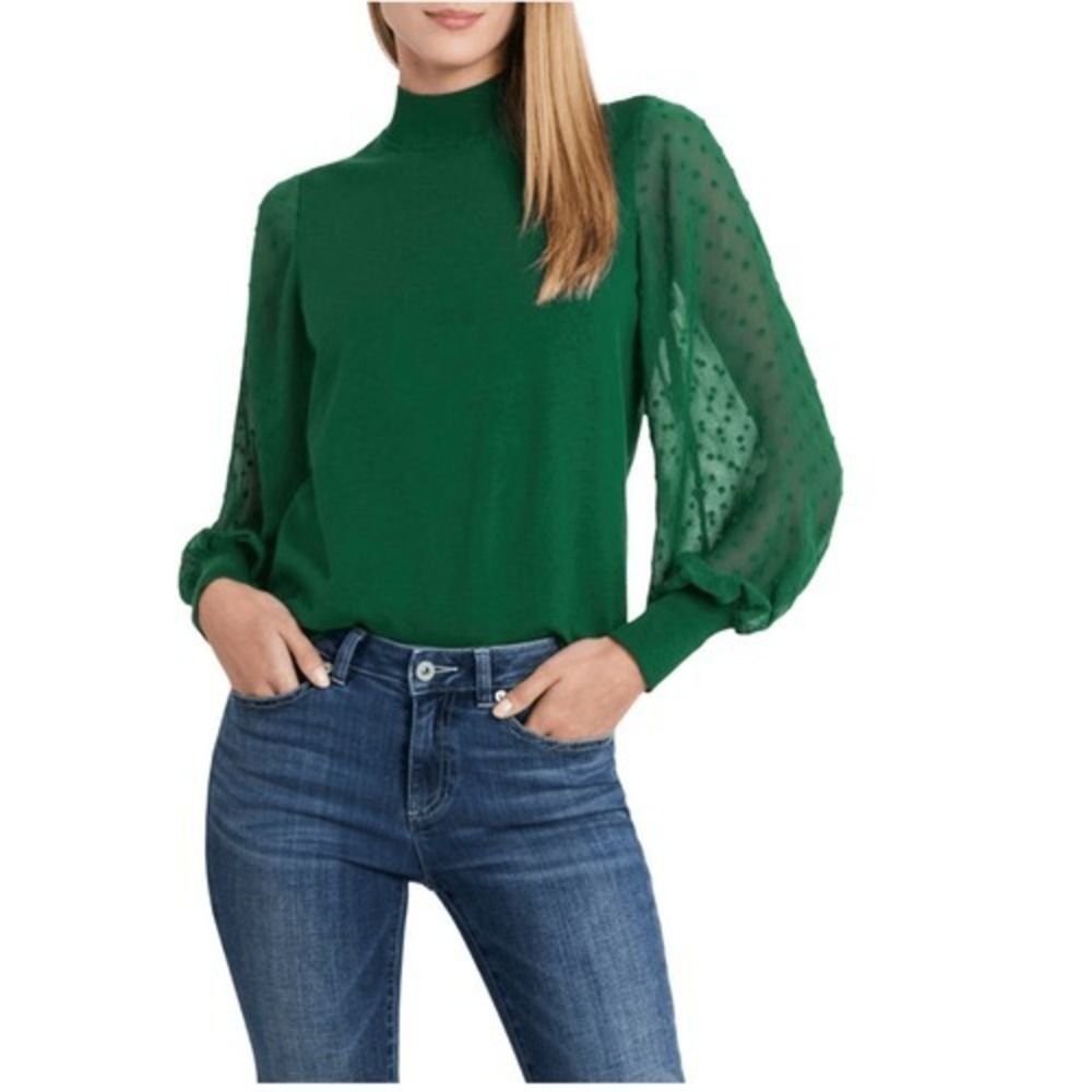 CeCe Clip Dot Sleeve Sweater, Holiday Christmas Party Top, Green, Size Small NWT
